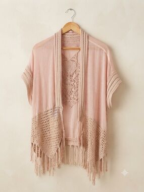 Miracle Blush Pink Crochet Kimono Fringe Cardigan Boho Festival Shrug Top SM
